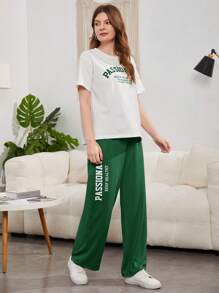 Mulvari Slogan Graphic Drop Shoulder Tee & Trousers - Dark Green - View 5