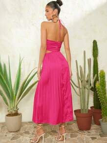 L'Amorae Cut Out Waist Tie Pleated Satin Dress - Red Violet - View 2