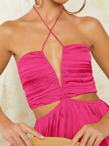 L'Amorae Cut Out Waist Tie Pleated Satin Dress - Red Violet - View 5