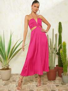 L'Amorae Cut Out Waist Tie Pleated Satin Dress - Red Violet - View 6