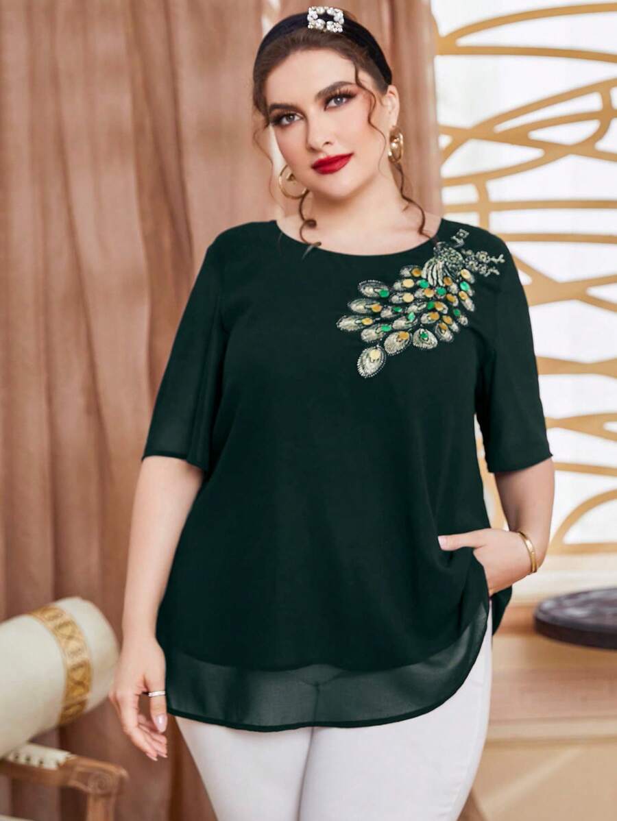 Modelyn Plus Peacock Embroidery Round Neck Blouse - Green - View 1