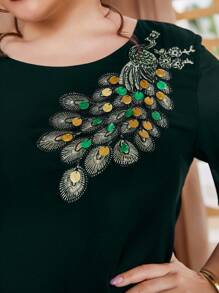 Modelyn Plus Peacock Embroidery Round Neck Blouse - Green - View 5