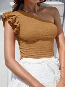 SHEIN VCAY Áo thun nữ Xù phân lớp màu trơn Giải trí - Màu Khaki - Xem 5