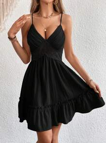 SHEIN VCAY Contrast Guipure Lace Ruffle Hem Cami Dress - Black - View 3