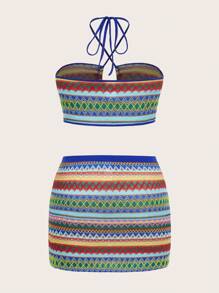 Dreamara Plus Chevron Print Halter Top & Bodycon Skirt - Royal Blue - View 2