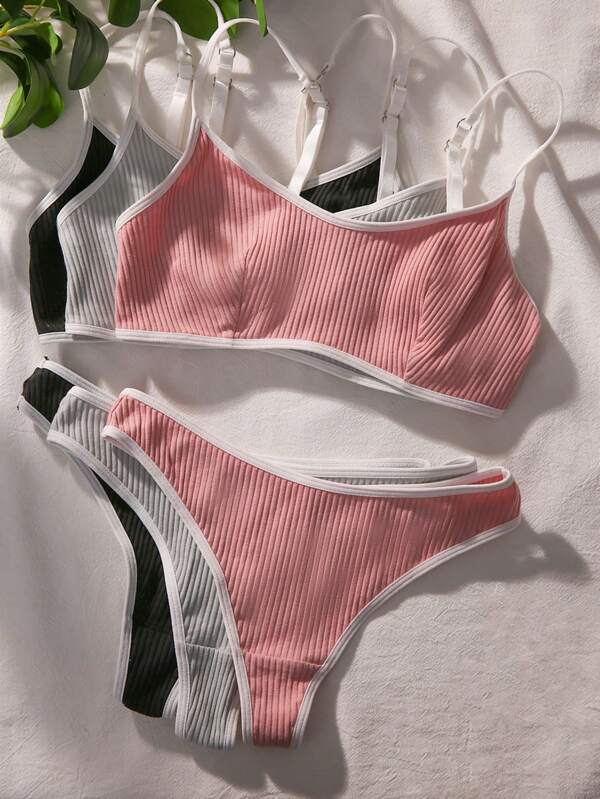 Ensemble lingerie de 3 paquets avec soutien-gorge et culotte à liseret de contraste