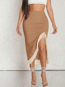 Hauture 流苏下摆不对称褶饰紧身半身裙 - 駝色 - 查看 1