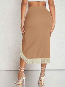 Hauture 流苏下摆不对称褶饰紧身半身裙 - 駝色 - 查看 2