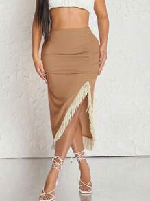 Hauture 流苏下摆不对称褶饰紧身半身裙 - 駝色 - 查看 3