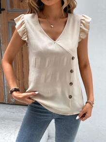 SHEIN LUNE Áo sơ mi nữ Nút Xù Nút phía trước màu trơn Giải trí - Màu be - Xem 5