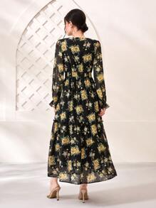 Modelyn Đầm viền lá sen Xù Viên lá sen Hoa Tất cả trên in Boho - màu đen - Xem 2