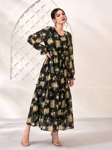 Modelyn Đầm viền lá sen Xù Viên lá sen Hoa Tất cả trên in Boho - màu đen - Xem 4