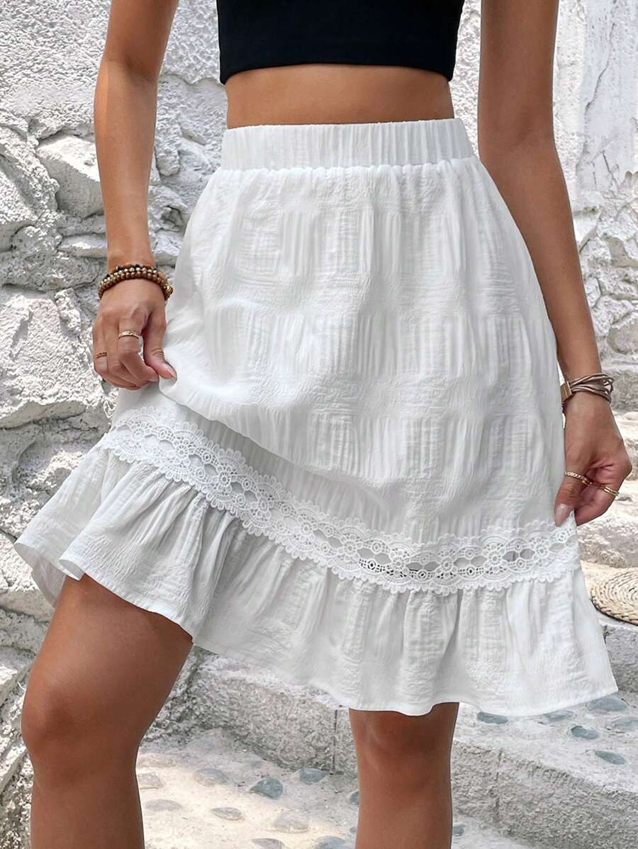 EMERY ROSE Contrast Lace Ruffle Hem Skirt - White - View 1