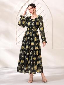 Modelyn Đầm viền lá sen Xù Viên lá sen Hoa Tất cả trên in Boho - màu đen - Xem 5