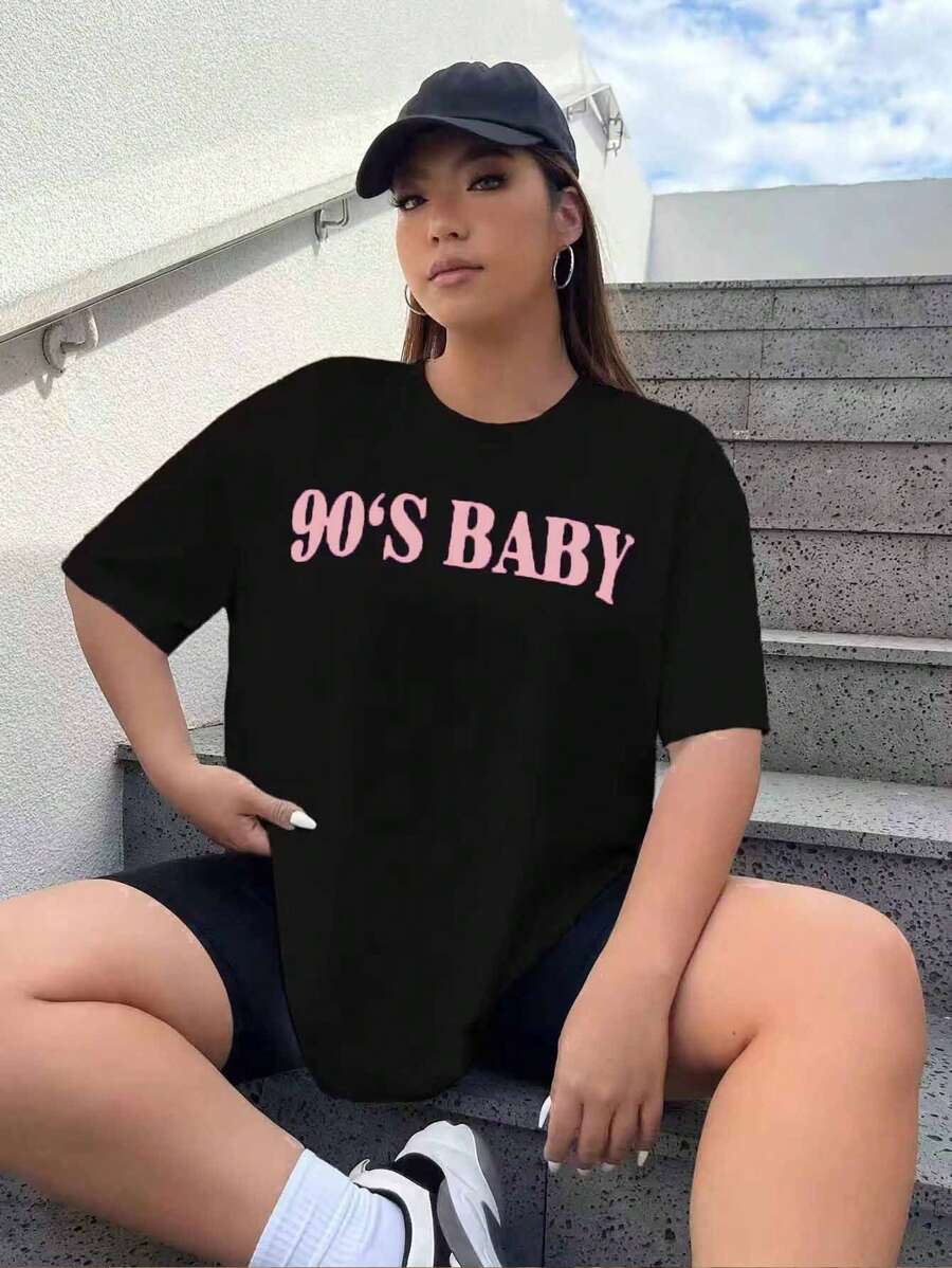 SHEIN EZwear Áo thun Plus size Lá thư Giải trí - màu đen - Xem 1
