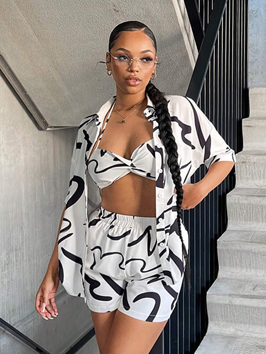 SHEIN SXY Bộ đồ hai mảnh nữ Nút phía trước Đồ họa Tất cả trên in Giải trí - Đen và trắng - Xem 1