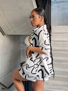 SHEIN SXY Bộ đồ hai mảnh nữ Nút phía trước Đồ họa Tất cả trên in Giải trí - Đen và trắng - Xem 2