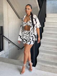 SHEIN SXY Bộ đồ hai mảnh nữ Nút phía trước Đồ họa Tất cả trên in Giải trí - Đen và trắng - Xem 3