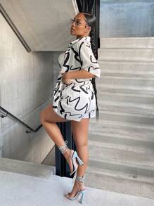 SHEIN SXY Bộ đồ hai mảnh nữ Nút phía trước Đồ họa Tất cả trên in Giải trí - Đen và trắng - Xem 7