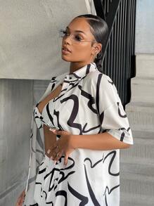 SHEIN SXY Bộ đồ hai mảnh nữ Nút phía trước Đồ họa Tất cả trên in Giải trí - Đen và trắng - Xem 8