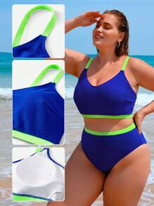 SHEIN Swim Curve Plus Size Contrast Binding Bikini Set Summer Beach - Royal Blue - View 5