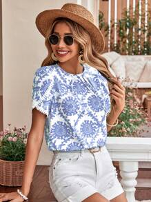 SHEIN VCAY Blusa con estampado manga tulipán - Azul y blanco - Ver 4