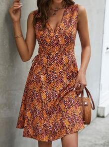 SHEIN LUNE 滿版印花交疊領連衣裙 - 橘色 - 查看 1