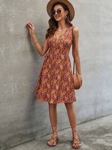 SHEIN LUNE 滿版印花交疊領連衣裙 - 橘色 - 查看 3