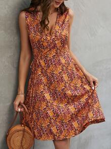 SHEIN LUNE 滿版印花交疊領連衣裙 - 橘色 - 查看 5