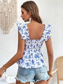 Soleia Áo sơ mi nữ Xù Viên lá sen Dải chun Họa tiết hoa Boho - Xanh và trắng - Xem 2