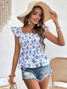 Soleia Áo sơ mi nữ Xù Viên lá sen Dải chun Họa tiết hoa Boho - Xanh và trắng - Xem 5