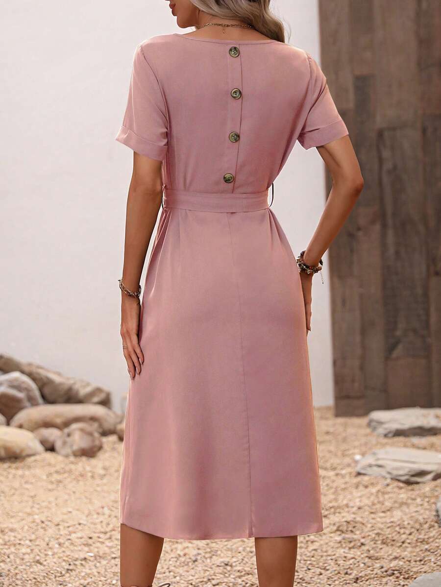 SHEIN Clasi Đầm Thắt lưng Nút màu trơn Giải trí - Bụi hồng - Xem 1