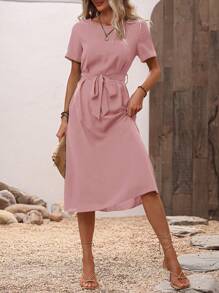 SHEIN Clasi Đầm Thắt lưng Nút màu trơn Giải trí - Bụi hồng - Xem 4