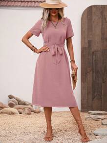 SHEIN Clasi Đầm Thắt lưng Nút màu trơn Giải trí - Bụi hồng - Xem 5