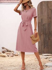 SHEIN Clasi Đầm Thắt lưng Nút màu trơn Giải trí - Bụi hồng - Xem 6