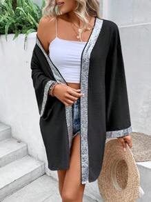 SHEIN VCAY 亮片拼接喇叭袖開門襟外套 - 黑色 - 查看 1