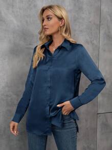 EMERY ROSE Solid Button Front Satin Shirt Fall Cloth For Women