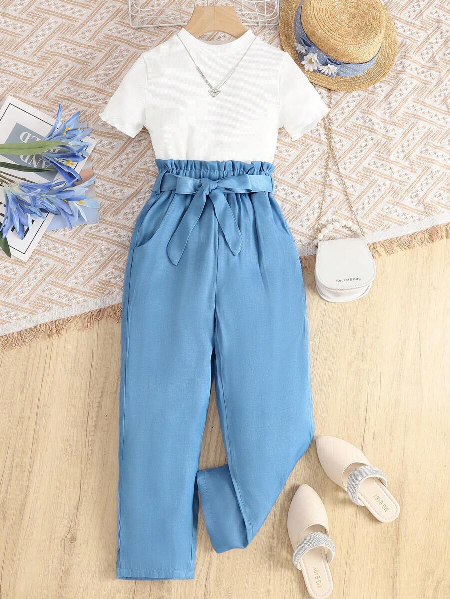 Girls Mock Neck Tee & Paperbag Waist Belted Trousers Set - Blue and White - View 1