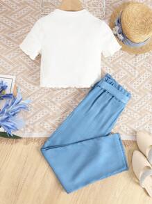 Girls Mock Neck Tee & Paperbag Waist Belted Trousers Set - Blue and White - View 2