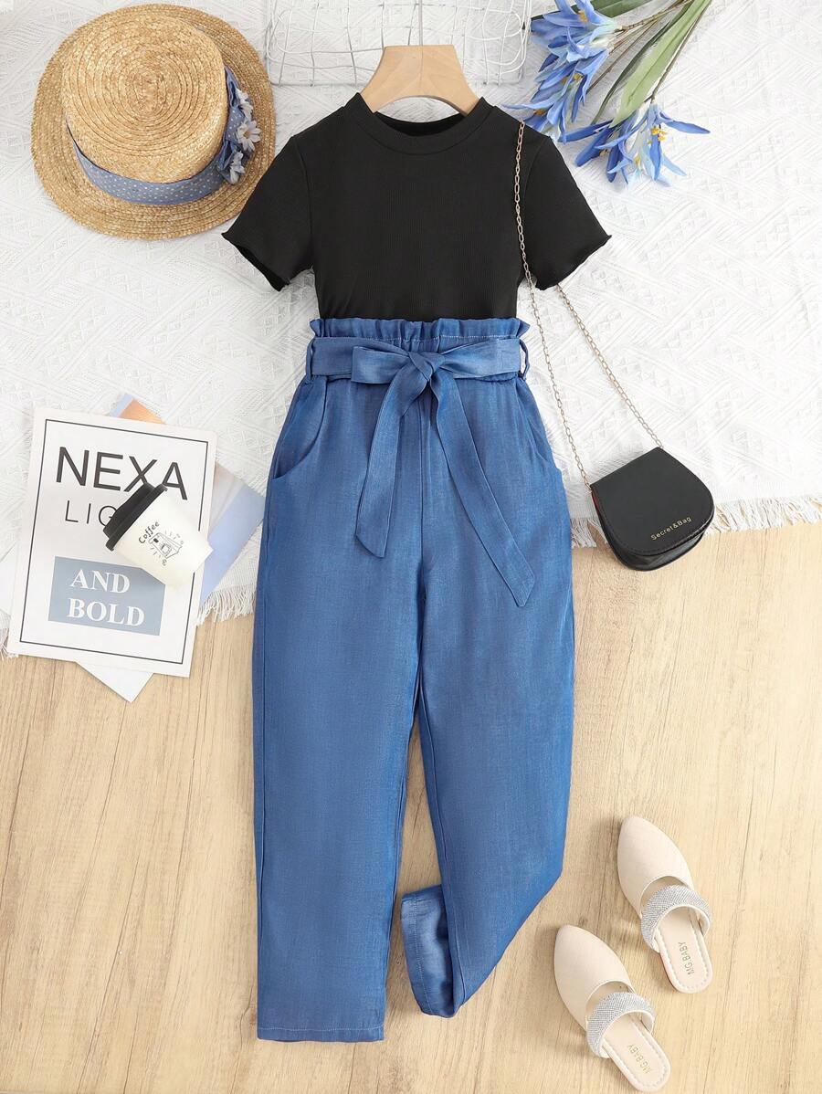 SHEIN Girls Solid Tee & Paperbag Waist Belted Trousers - Multicolor - View 1