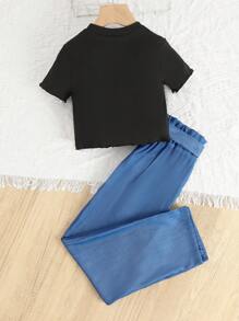 SHEIN Girls Solid Tee & Paperbag Waist Belted Trousers - Multicolor - View 2