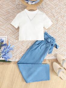 Girls Mock Neck Tee & Paperbag Waist Belted Trousers Set - Blue and White - View 5