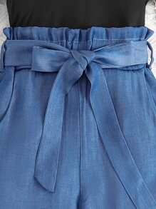 SHEIN Girls Solid Tee & Paperbag Waist Belted Trousers - Multicolor - View 3