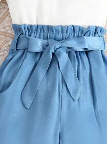 Girls Mock Neck Tee & Paperbag Waist Belted Trousers Set - Blue and White - View 6