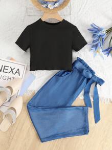 SHEIN Girls Solid Tee & Paperbag Waist Belted Trousers - Multicolor - View 6