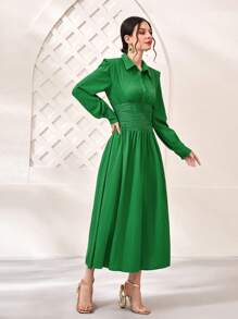 Modelyn Abito chemisier monocolore con bottone frontale - Verde - Visualizzare 4