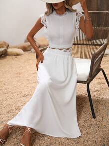 SHEIN VCAY 蕾絲拼接小高領上衣和裙子 - 白色 - 查看 5