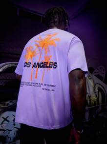 Manfinity RebelGame Hombres Camiseta algodón con estampado de árbol de coco y slogan - Lila Púrpura - Ver 4