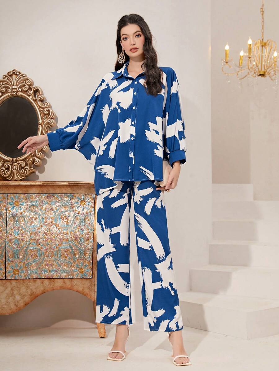 Mulvari Bộ đồ hai mảnh nữ Nút phía trước Đồ họa Giải trí - Xanh và trắng - Xem 1