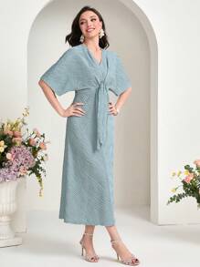 Seusyu 素色前打結蝙蝠袖連衣裙 - 藍色 - 查看 4